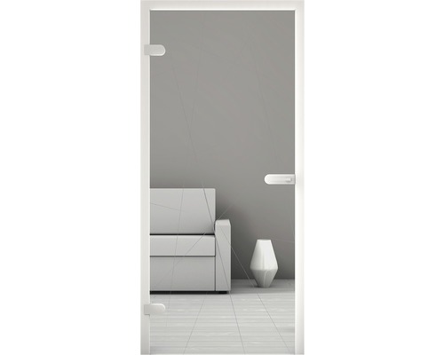 Zimmertür aus Glas mit weißem Rahmen in einer hellen, modern gestalteten Umgebung.