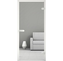 Glastür mit weißem Rahmen und Griff in einer minimalistischen Raumgestaltung