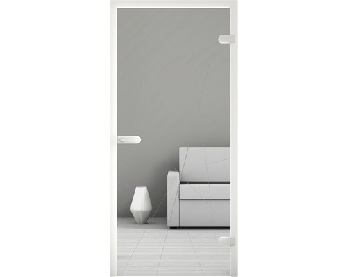 Glastür mit weißem Rahmen und Griff in einer minimalistischen Raumgestaltung