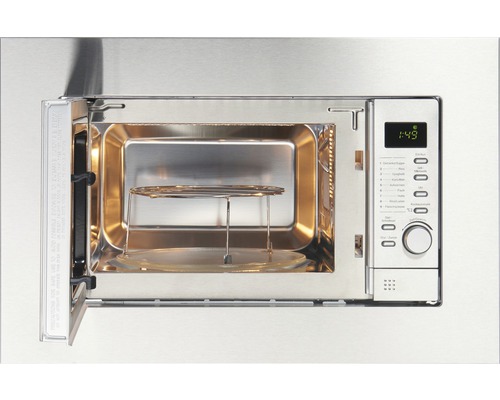 Geöffneter Mikrowellenherd aus Edelstahl mit Drehteller und Grillrost