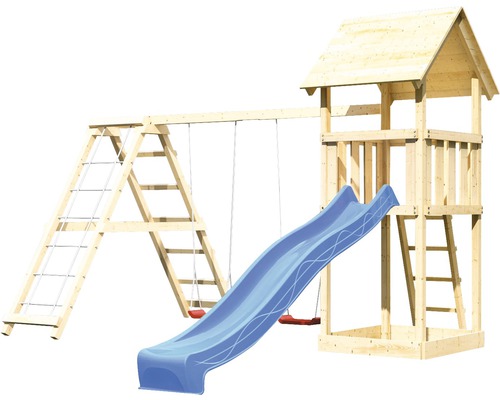 Spielturm aus Holz mit Rutsche, Schaukel und Kletterleiter