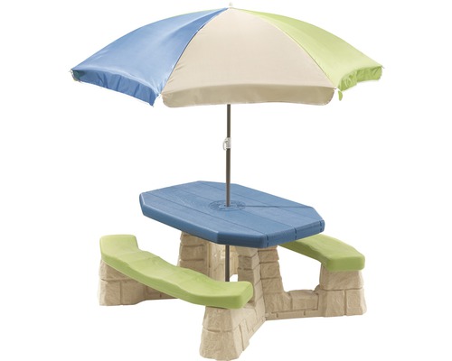 Kinder-Picknicktisch Step2 Kunststoff mit Sonnenschirm 109x104x52 cm grün-blau Kindersitzgruppe mit Sonnenschirm für den Garten