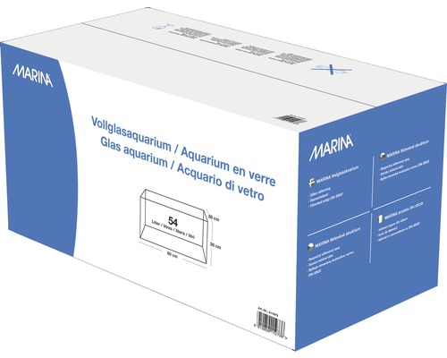 Verpackung eines Marina Vollglas-Aquariums mit 54 Litern Fassungsvermögen und den Maßen 60 mal 30 mal 30 Zentimeter