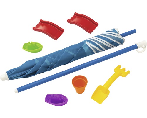 Strandspielzeugset mit Sonnenschirm, Förmchen, Schaufel und Rechen