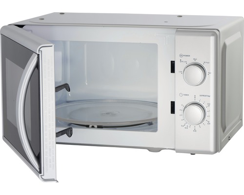 Geöffnete Mikrowelle mit Drehteller und Bedienelementen