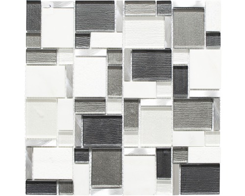 Glasmosaik XCM FK02 mix schwarz/silber/weiß 30x30 cm Mosaikfliese mit Glas- und Metallelementen in verschiedenen Größen
