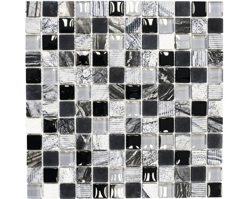 Glasmosaik XCM HQ24 mix schwarz/silber/weiß 30x30 cm Mosaikfliese mit Glas- und Steinoptik