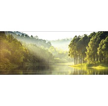 Landschaft mit See, Wald und Morgennebel