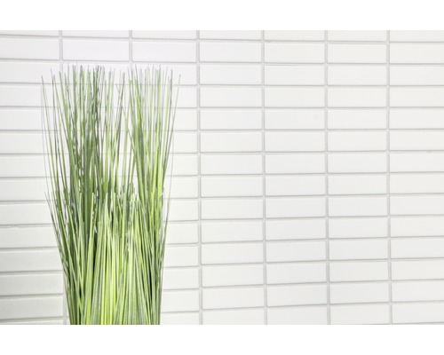 Dekorative Gräser vor einer Wand aus weißen Mosaikfliesen.