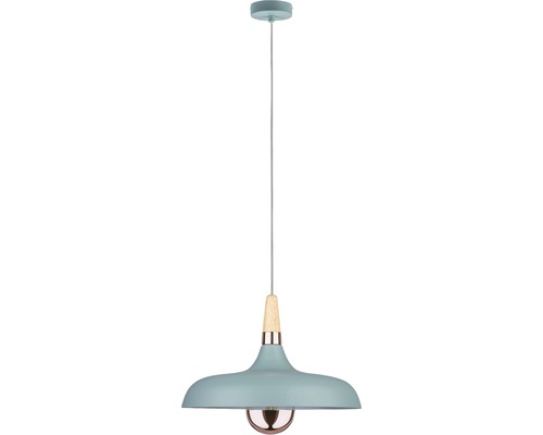 Hängelampe mit Schirm, Holzdetail und Aufhängung