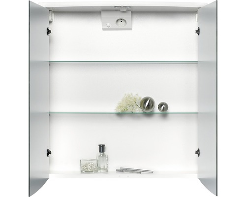 Offener Spiegelschrank mit Glasböden und Steckdose