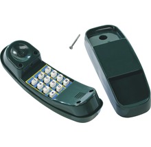 Grüner Telefonhörer mit Tastatur, Schraube und Halterung