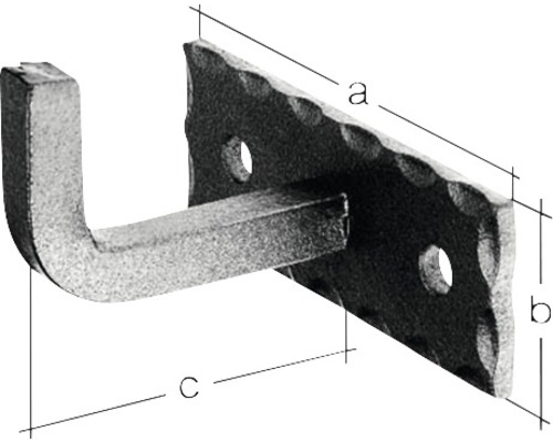 Kleiderhaken aus Metall mit Befestigungsplatte und Maßangaben