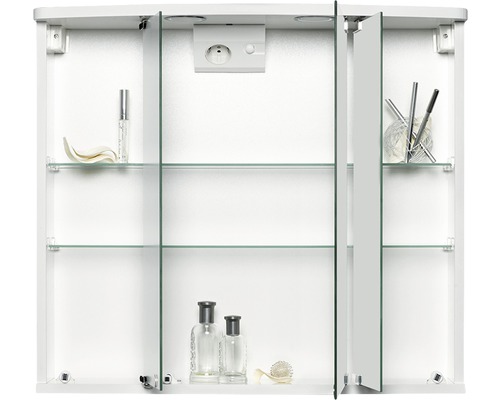 Offener Spiegelschrank mit Glasböden und Steckdose