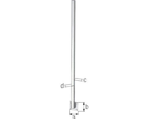 Geländerpfosten aus Metall mit Fußplatte und Maßangaben