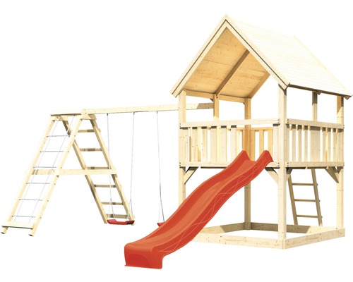 Spielturm aus Holz mit Schaukel, Kletterwand und Rutsche