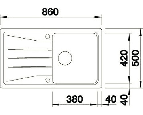 Technische Zeichnung einer Spüle mit Maßangaben