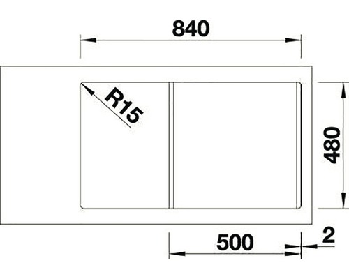 Technische Zeichnung einer Spüle mit den Maßen 840, 480 und 500 Millimeter