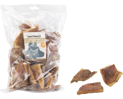 Hundesnack beeztees Rinderkopfhautstücke 500 g Kauartikel Beetztees Rinderkopfhaut-Snack für Hunde in einer transparenten Verpackung.
