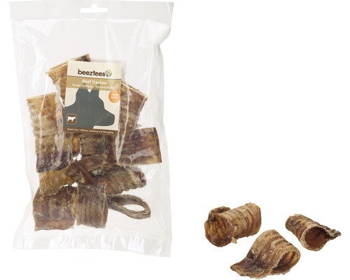 Hundesnack beeztees Rinderluftröhre 200 g Kauartikel Beetztees Rindertrachea für Hunde in einer transparenten Verpackung und drei Stücke Rindertrachea.