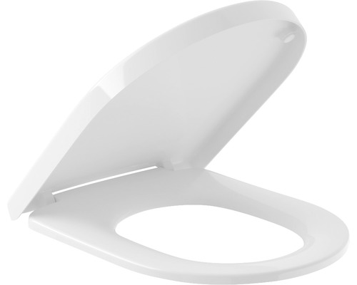 Weißer Toilettensitz aus Kunststoff, geöffnet.