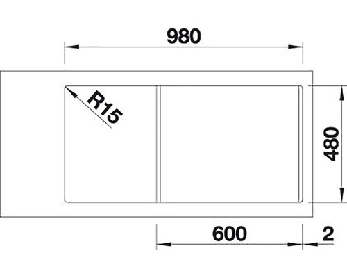 Technische Zeichnung eines Waschtisches mit den Maßen 980 x 480 mm