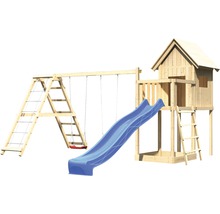 Stelzenhaus AKUBI Frieda Holz mit Sandkasten, Klettergerüst, Doppelschaukel, Rutsche blau