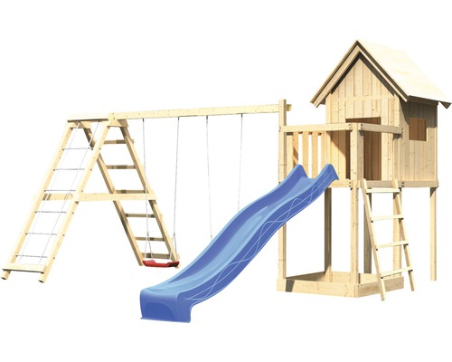 Spielturm mit Schaukel, Kletterwand und Rutsche