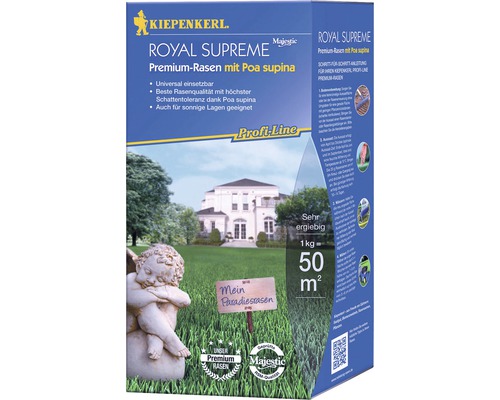 Rasensamen Kiepenkerl P.L. Royal Supreme Premium-Rasen 1 kg 50 m² Kiepenkerl Royal Supreme Premiumrasen Verpackung mit Informationen zu Produkteigenschaften und Anwendungsbereich