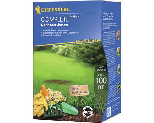 Rasensamen Kiepenkerl P.L Complete Nachsaat-Rasen 2 kg 100 m² Kiepenkerl Complete Majestic Nachsaat-Rasen Packung mit Gartengeräten