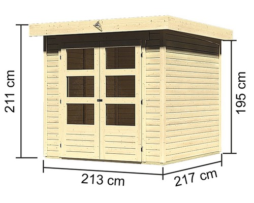 Abbildung eines Holzgartenhauses mit den Maßen 211 cm Höhe, 213 cm Breite und 217 cm Tiefe.