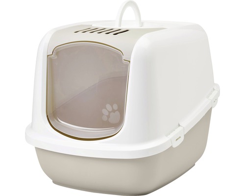 Geschlossene Katzentoilette mit Griff und Katzenpfotenmuster