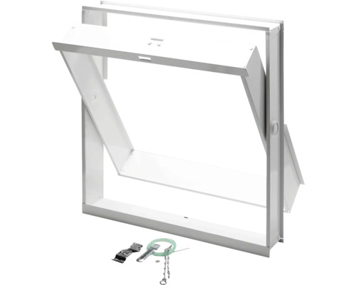 Lüftungsflügel Stahlblech weiß RAL 9016 für Glasbausteine 390 mm x 390 mm Dachfenster Klapprahmen mit Zubehör