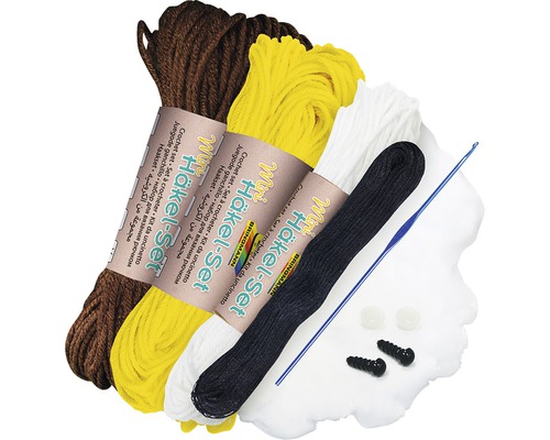 Mini-Häkelset mit Garn in verschiedenen Farben, Häkelnadel, Füllmaterial und Sicherheitsaugen