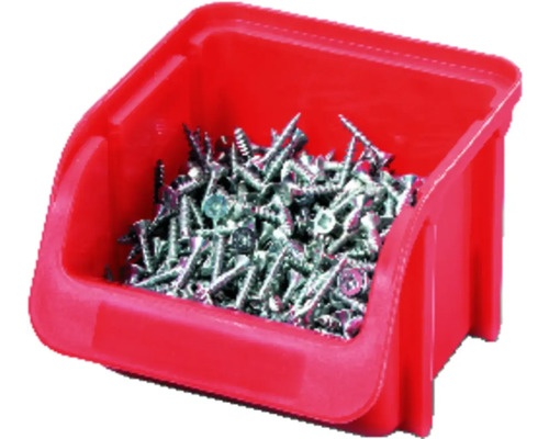 Rote Kunststoff-Lagerbox gefüllt mit Schrauben