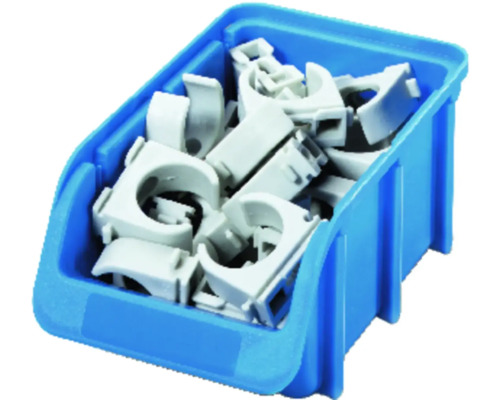 Blaue Lagerbox gefüllt mit Rohrschellen