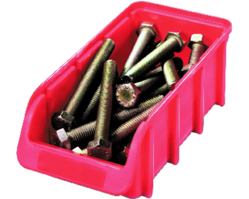 Rote Aufbewahrungsbox gefüllt mit Schrauben