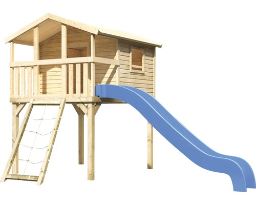 Spielhaus aus Holz mit Rutsche und Kletternetz