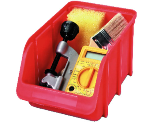 Rote Aufbewahrungsbox mit Schraubzwinge, Schwamm, Multimeter und Pinsel