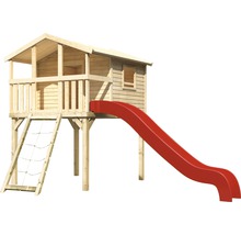 Holzspielhaus mit Rutsche und Kletternetz