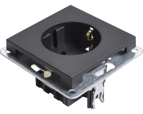 Steckdose mit quadratischer, schwarzer Abdeckung und Metalleinfassung