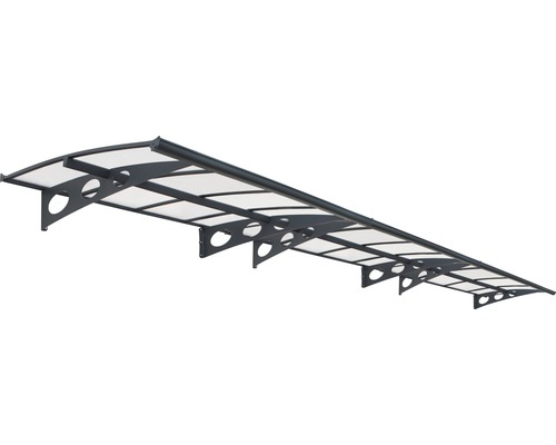 Vordach mit transparentem Dach und grauen Halterungen.