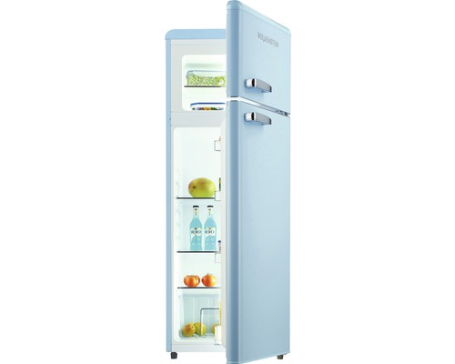 Wolkenstein Kühlschrank im Retrodesign mit geöffneter Tür und Lebensmitteln