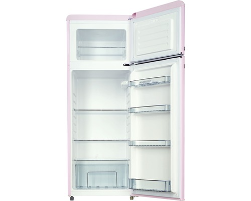 Geöffneter, rosa Kühlschrank mit Gefrierfach und mehreren Ablagefächern.