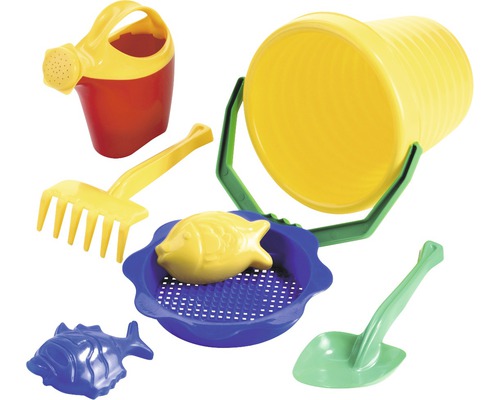 Sandkastenspielzeug Set mit Eimer, Schaufel, Rechen, Gießkanne, Sieb und Fischformen