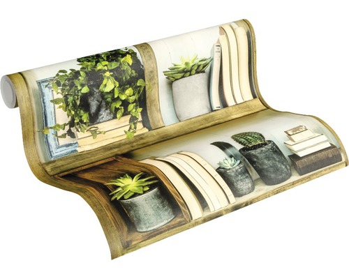 Tapetenrolle mit Regalmotiv, Büchern und Pflanzen