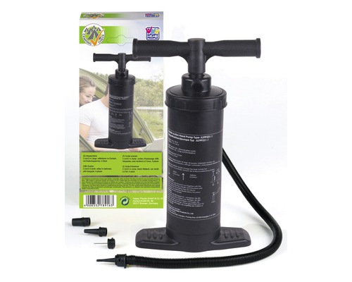 Happy People Handpumpe Doppelhubpumpe Pool 20 x 12 x 48 cm Kunststoff schwarz Schwarze Doppelhub-Handpumpe mit Zubehör und Produktverpackung