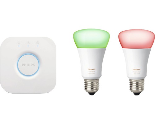 Philips Hue Bridge mit zwei farbigen Glühbirnen