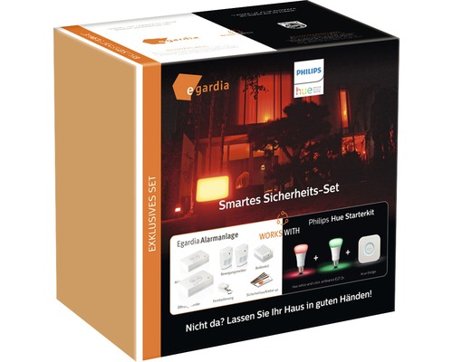 egardia Smartes Sicherheits Set inkl. Philips hue Gateway, 2 x Lampen, 2 x Bewegungsmelder, Fernbedienung, Bedienteil, Öffnungsmelder, 4 x Warnsticker Egardia Smart Home Sicherheitsset Produktverpackung