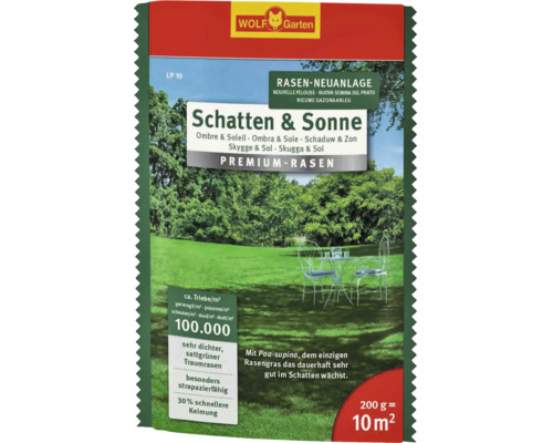 Rasensamen WOLF-Garten Premium Schatten-Sonne 0,2 kg 10 m² Wolf Garten Schatten und Sonne Rasenmischung, geeignet für die Neuanlage von Rasenflächen